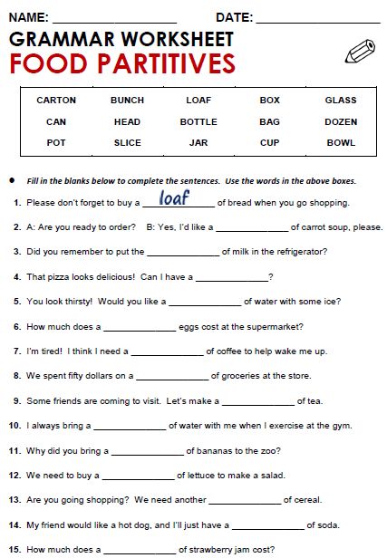 Picture Partitives In English, Partitives Worksheet, Food Partitives Worksheet, Speaking Topics, English Grammar Test, Esl Grammar, English Grammar Exercises, Esl Reading, Vocabulary Exercises