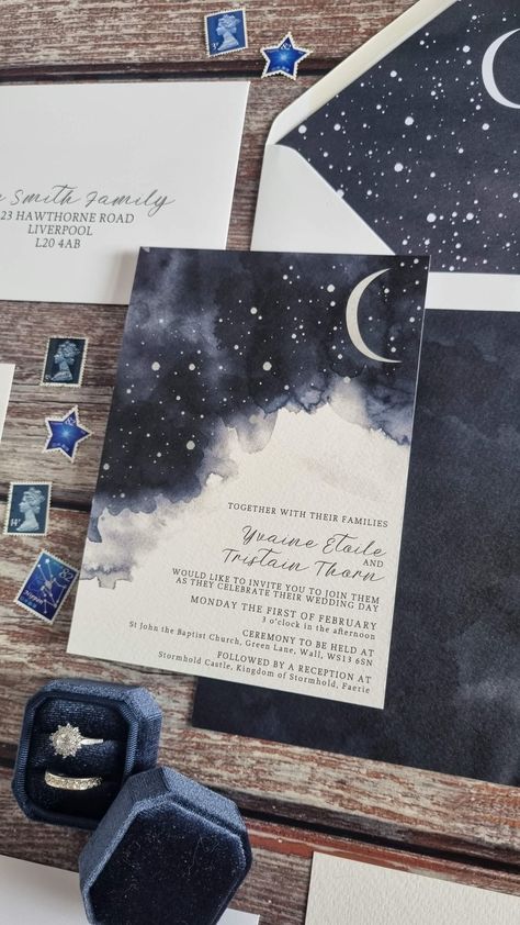 Wedding Invitations Starry Night, Starry Night Invitation Debut, Galaxy Wedding Invitations, Night Sky Quinceanera Theme, Night Court Aesthetic Acotar Wedding, Starry Night Wedding Invitations, Night Sky Wedding Theme, Star Wedding Theme, Starry Night Prom Theme