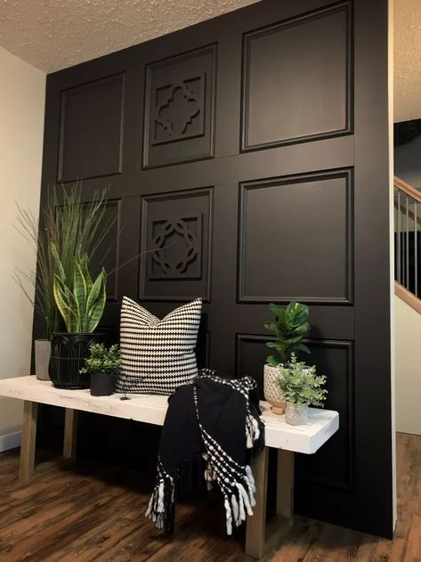 Square Trim Accent Wall, Painted Frames On Wall Diy, Trim Squares On Walls, Black Statement Wall, Square Accent Wall, Simple Furniture Ideas, Diy Statement Wall, Basement Entertaining, Black Accent Wall