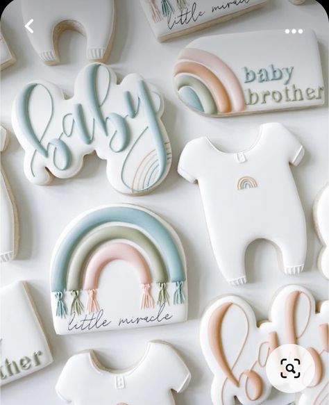 Boho Cookies, Rainbow Theme Baby Shower, Rainbow Sugar Cookies, Gender Reveal Baby Shower Themes, Cookie Corner, Onesie Cookies, Gender Reveal Cookies, Pastel Baby Shower, Grey Baby Shower