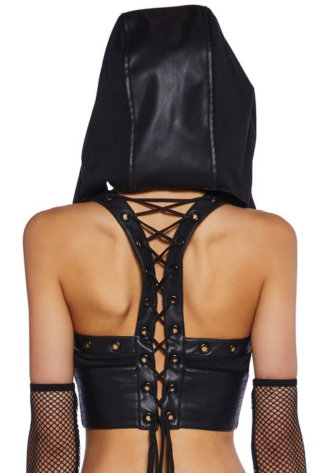 cuz listen to those beats all night long. This bra top has a matte vegan leather construction, a twill bust, a detachable hoodie, grommet detailed shoulder straps, a lace up design on the back, a cropped fit, and a front zipper closure. Cyberpunk Leather Outfit, Hooded Rave Outfit, Body Suits For Women, Goth Festival Outfit, Braided Clothing, Diy Your Clothes, Unique Rave Outfits, Techno Outfit, Rave Fits