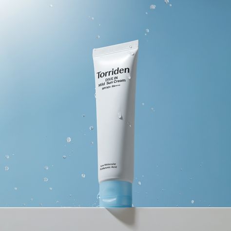 Torriden's DIVE-IN Mild Suncream is a 100% mineral SPF that deeply hydrates and shields sensitive skin from the sun's glare, leaving skin plump and moisturised yet well-protected.Fortified with SPF50+ and infused with the brand's signature 10-layered hyaluronic acid, this sunscreen dives deeply into the skin's innermost layers, instantly replenishing essential hydration. Also enriched with nourishing ceramides, it fortifies the skin's moisture barrier against sun damage while soothing sensitivit Suncream Photography, Sunscreen Photography, Products Photography, Beauty Products Photography, Whipped Soap, Cream Concealer, Hydrating Cream, Sun Cream, Mist Spray