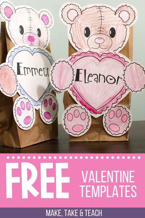 Super easy Valentine's Day activity for collecting valentines! Your students will love making these valentine collection bags! Bear And Rabbit, Toddler Valentine Crafts, Valentines Day Bags, Valentine Template, Valentine Collection, Teddy Bears Valentines, Preschool Valentines, Bear Valentines, Valentines Day Activities