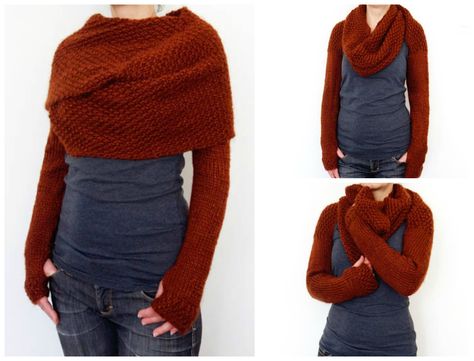 Look Great This Fall! Knit This Long-Sleeve Wrap Around Sweater Scarf - It's a Super-Shrug! Get the pattern via Camexia Designs ... #knitting Shrug Knitting Pattern, Gilet Crochet, شال كروشيه, Crochet Shrug Pattern, Shrug Pattern, Fall Knitting, Knit Shrug, Sweater Scarf, Crochet Shrug