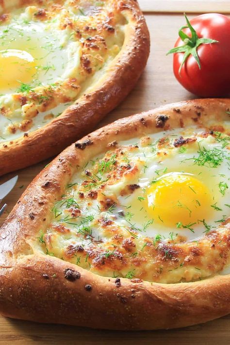 Khachapuri - Georgian Cheese Bread Fluffy Homemade Bread, Khachapuri Recipe, Bread Boats, Georgian Cuisine, Georgian Food, Cheese Bread, Breakfast Breads, Turkish Recipes, Food Staples