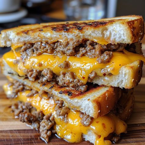 🍔🧀 Savor the savory with Ground Beef Grilled Cheese Sandwich! A meaty twist on a classic comfort food. #GrilledCheeseUpgrade #BeefyBites Ground Beef Grilled Cheese Sandwich Recipe Elevate your grilled cheese game with this hearty combination of juicy ground beef and melted cheese. Ingredients: Ground beef: 250g Salt and pepper to taste Onion, finely chopped: 50g Cheddar cheese, sliced: 100g Bread slices: 8 Butter, softened: 30g Garlic powder: 2g Directions: Cook Beef: In a skillet over m... Beef Grilled Cheese, Ground Beef Grill, Beef With Onions, Grilled Cheese Sandwich Recipe, Cheese Game, Cheese Sandwich Recipe, Chopped Cheese, Grill Cheese Sandwich Recipes, Instagram Recipes