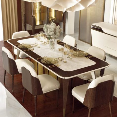 Melting Light collection rectangular table. Wooden structure, finished in sand color walnut solid wood and veneer. Top insert in marble Tobacco al verso. Leather application. Brushed gold metal details. Also available without marble insert. More wooden finishes, marbles and leathers are available. Contact us for more information at info@arkinteriors.ca! Wooden Dining Table With Marble Top, Wood And Marble Dining Table, Marble And Wood Dining Table, High End Furniture Stores, Dinning Tables, Dining Table Design Modern, Marble Home, Home Door Design, Wooden Structure