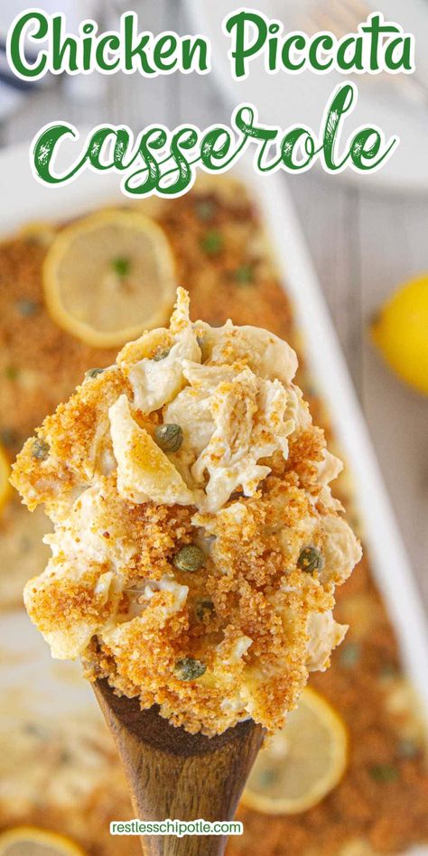 Creamy chicken piccata casserole is a comforting recipe with tender chicken, zesty lemon, and capers, all tucked under a golden, crispy, buttery crumb topping. Your family will love it, and you'll love how easy it is to whip up. Taste Of Home Chicken Piccata, Chicken Piccata Casserole Pasta, Lemon Chicken Pasta Casserole, Lemon Chicken Casserole Recipes, Chicken And Capers Recipe, Chicken Piccata Casserole, Recipes With Capers, Lemon Chicken Casserole, Chicken With Capers