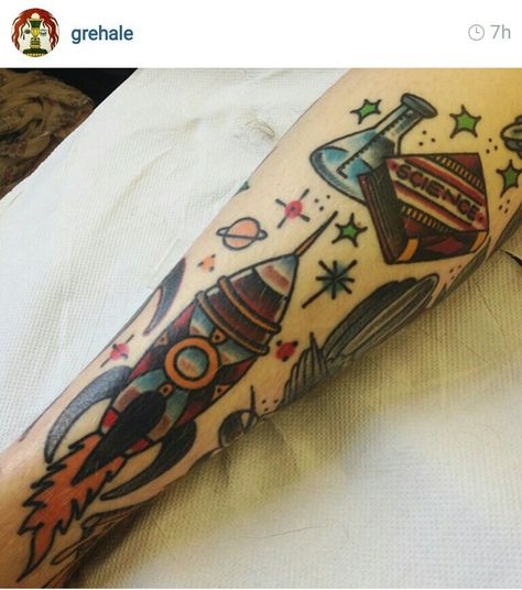 Rocket Ship Tattoo, Traditional Tattoo Reference, Science Tattoo, Science Tattoos, Retro Signs, Tattoo Filler, Planet Tattoos, Retro Tattoos, Ship Tattoo