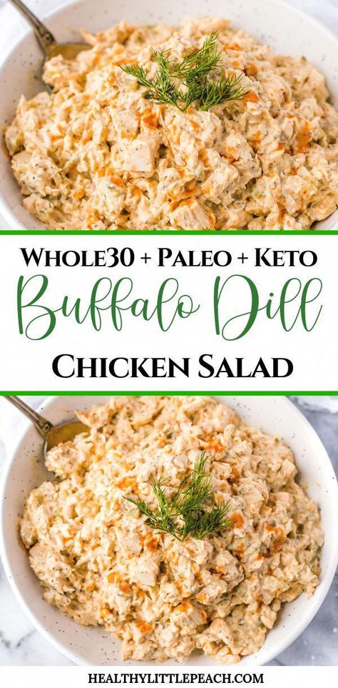 A spicy and creamy buffalo dill chicken salad that is Whole30, Paleo and Keto compliant. This salad is perfect for meal prep, family gathering or party. #chickensalad #whole30 #paleo #keto #ketorecipes #whole30recipes #paleo #paleorecipes #buffalo #buffalodill #frankshotsauce #RecipesPaleoFood Dill Chicken Salad, Dill Chicken, Buffalo Chicken Salad, Healthy Chicken Salad, Clean Eating Recipes For Dinner, Chicken Healthy, Salad Healthy, Clean Eating Dinner, Clean Eating Breakfast Recipes