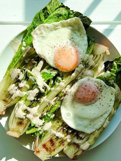 Charred Romaine Salad with Tahina - Baked by Melissa Charred Salad, Charred Romaine, Romaine Hearts, Lettuce Recipes, Baked By Melissa, Vegan Caesar, Romaine Salad, Crispy Tofu, Tahini Dressing