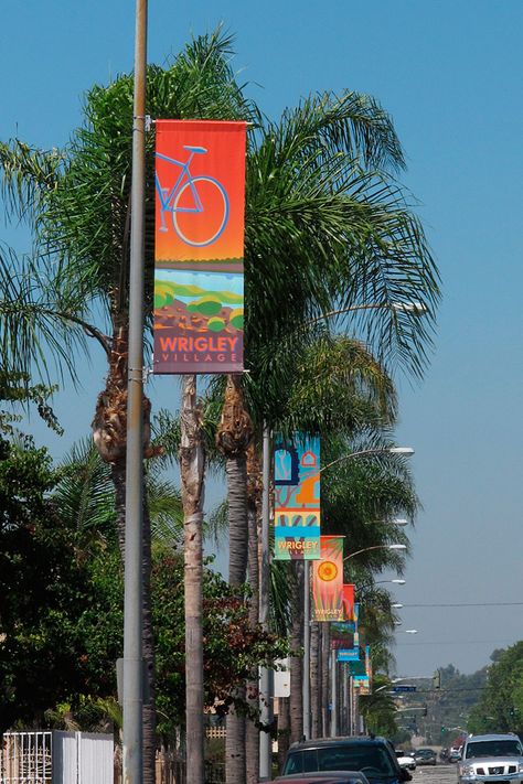 Wrigley Village Street Banners - Long Beach, CA - Ioana Urma Zoo Signage, Los Angeles River, Pole Banners, Street Banners, Village Street, Museum Exhibition Design, Banner Design Inspiration, Wayfinding Design, Banner Designs