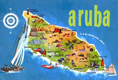 Aruba Map, Aruba Honeymoon, Panama Canal Cruise, Oranjestad, Porto Rico, Illustrated Map, Caribbean Islands, Aruba, Places Around The World