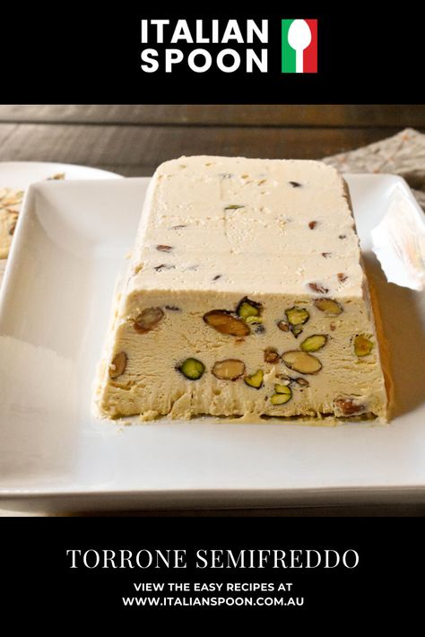 Love ice cream? Our Torrone Semifreddo is a classic Italian dessert for all the ice cream lovers out there. This recipe has the flavours of torrone, an Italian nougat made with honey, egg whites, sugar and nuts and uses whipped cream for a luscious creamy texture – buon appetito! Dessert Cannoli, Torrone Recipe, Authentic Italian Desserts, Semifreddo Recipe, Italian Desserts Easy, Nougat Recipe, Italian Desserts Traditional, Italian Ice Cream, Recipes Italian