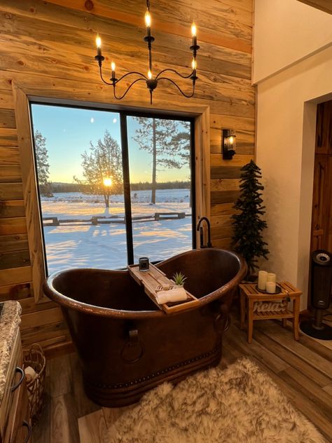 My rustic bathroom, self care spot in my mountain home 🤍 Rustic Bathroom With Tub, Cabin Bathroom With Tub, Rustic Bathroom Bathtub, Cabin Bathtub, Mountain Home Shower Ideas, Mountain Cabin Master Bath, Farmhouse Bathtub, Cabin Rooms, Rustic Mountain Homes