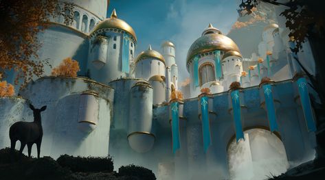 Civilization Concept Art, Blue Palace, Golden Palace, Dream Fantasy, Location Inspiration, My Fantasy World, Background Drawing, Scene Art, Fantasy Theme