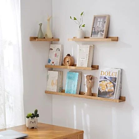 Latitude Run® 2 Piece Oak Solid Wood Picture Ledge Wall Shelf | Wayfair Long Floating Shelf, Natural Wood Shelves, Shelf For Wall, Picture Ledge Shelf, Long Floating Shelves, Pet Hospital, Rustic Wall Shelves, Picture Ledge, Wood Wall Shelf