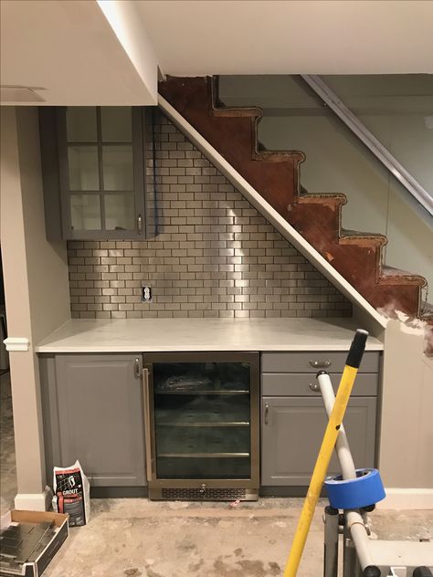 Underneath Basement Stairs Ideas, Under The Stair Bar, Under Stair Bar Basement, Under Stairs Kitchenette, Kitchenette Under Stairs, Under Stairs Beverage Center, Under Stairs Snack Bar, Dry Bar Under Staircase, Wet Bar Under Staircase