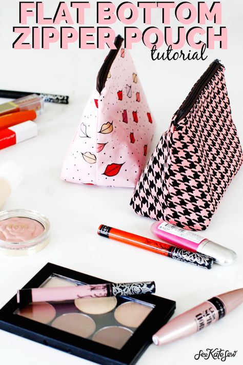 This DIY zippered pouch has a flat bottom allowing it to stand up! A free pattern and easy instructions will leave you with a new cosmetic case in no time! || See Kate Sew #diyzipperedpouch #flatbottompouch #kissmekatefabric #makeupbag #freepattern #seekatesew Diy Makeup Pouch, Makeup Pouch Pattern, Makeup Pouch Cosmetic Case, Diy Makeup Bag Tutorial, Zippered Pouch Tutorial, Makeup Pouch Diy, Makeup Bag Tutorials, Cosmetic Bag Tutorial, Makeup Bag Pattern