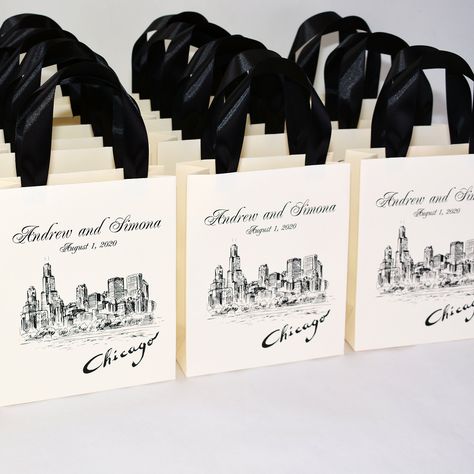 "25 Wedding Welcome bags with satin ribbon handles and your names, Personalized Destination wedding favor for guests, Chicago Wedding bag, Personalized Wedding Favor Bag - Thank You Bags with satin ribbon and names - Destination Wedding Welcome gift Bag - Elegant Weddings Gifts and favors - Chic and Stylish Personalized Paper Bags for Gifts and favors for your guests. Elegant Wedding Welcome Bags decorated by satin ribbon and your names with the wedding date and Chicago city art. DETAILS - Set o Wedding Guest Gift Baskets, Wedding Guest Gift Bags Hotels, Destination Wedding Gift Bags, Wedding Hotel Bags, Wedding Guest Gift Bag, Wedding Goodie Bags, Wedding Guest Bags, Destination Wedding Gifts, Guest Gift Bags