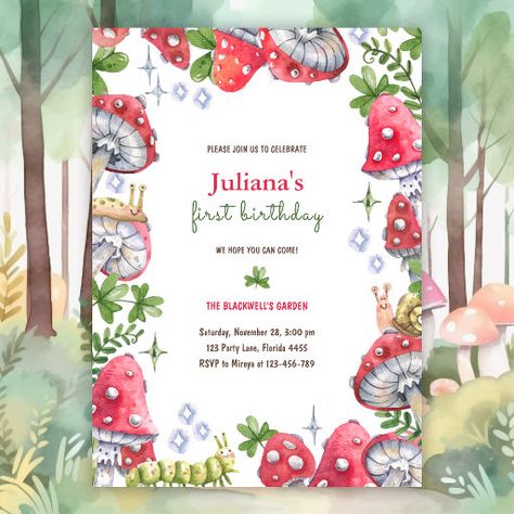 Mushroom Birthday Party, Invitation Enchanted Forest, Wildflower Greenery, Mushroom Birthday, Frog Birthday Party, Enchanted Forest Birthday, Watercolor Mushroom, Woodland Animal Birthday, Watercolor Frame