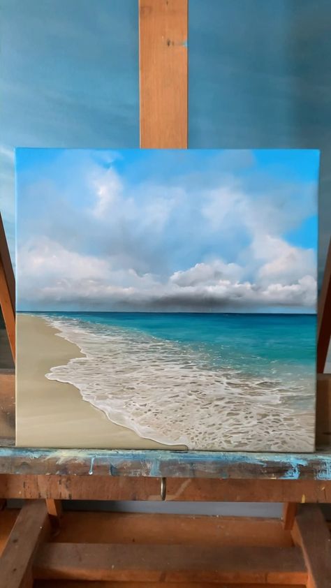 Beach Oil Paintings On Canvas, Beach Paintings On Canvas, Beginners Canvas Painting, How To Make Canvas, Beach Sunset Painting, Beach Scene Painting, Canvas Painting For Beginners, Art Plage, Seascapes Art