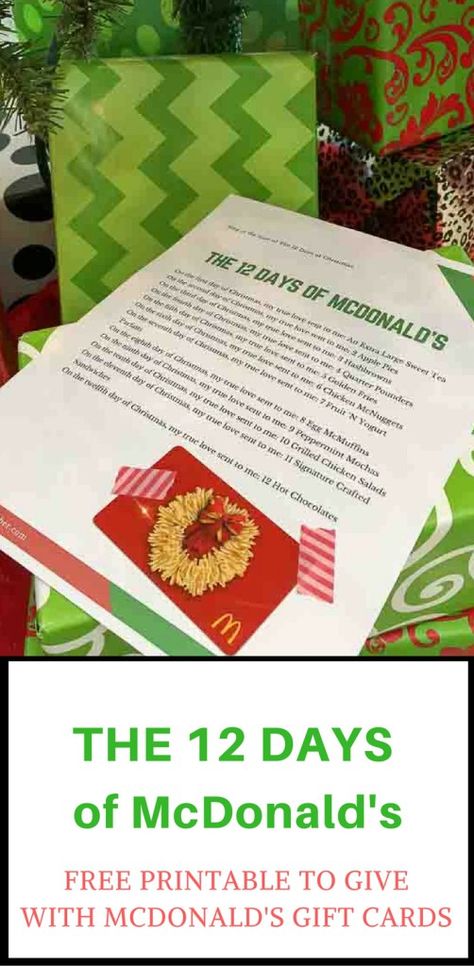 The 12 Days of McDonald's - Cheeky and Free Printable to go with McDonald's Gift Card - #giftcardideas #christmasgiftideas - The Gifted Gabber #McDAmbassador #AD Mcdonalds Gift Card Ideas, Free Mcdonalds, Mcdonalds Gift Card, Cars Ideas, The Gifted, Twelve Days Of Christmas, Christmas Gift Card, Adult Birthday Party, Drive Thru