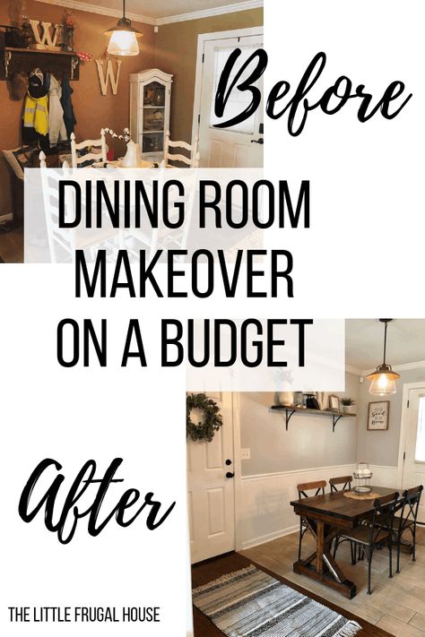 This DIY dining room makeover on a budget is perfect for our small farmhouse home. Check out the before and after to get ideas for your own! Dining Room Makeover On A Budget, Easy Dining Room Makeover, Cheap Dining Room Ideas, Cheap Dining Room Makeover, Small Dining Room Ideas Farmhouse, Dining Room Ideas On A Budget, Diy Dining Room Makeover, Shiplap Headboard, Room Makeover On A Budget