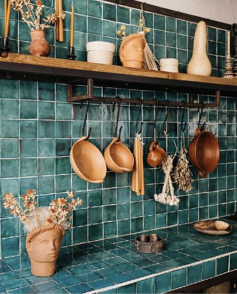 Magical Fountain, Most Beautiful Kitchens, Ancient Pillars, Mexican Tile Backsplash, Slow Roads, Terracotta Kitchen, Teal Tile, Mexican Kitchen, Teal Bathroom