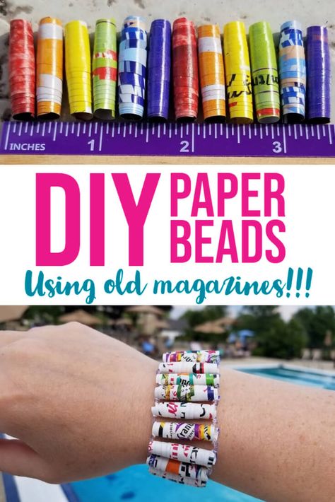 As soon as my kids learned how to make DIY paper beads out of old magazines and catalogs, they couldn't stop! They have made paper bead bracelets, necklaces and even anklets. This is such an easy, kids arts and crafts project using materials you already have laying around your house! Magazine Beads How To Make, How To Make A Paper Bracelet, Brownies Girl Guides, Beading Party, Beads Template, Kids Crafts Jewelry, Paper Beads Tutorial, Magazine Beads, Paper Beads Template