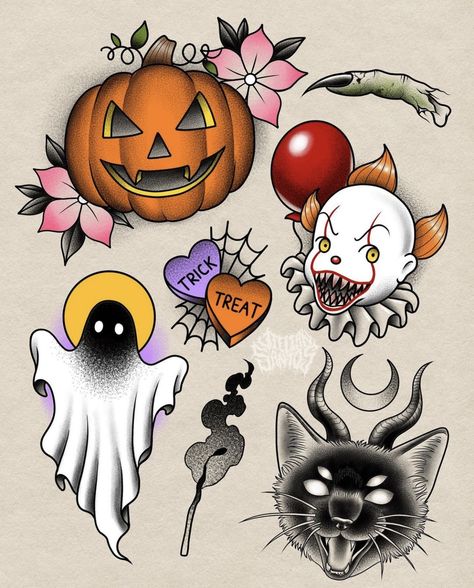 Neo Traditional Halloween Tattoo Flash, Halloween Fairy Drawing, Halloween Trad Tattoo, Traditional Spooky Tattoo Flash, Halloween Traditional Tattoo Flash, Halloween Tattoo Traditional, Pumpkin Flash Tattoo, Flash Halloween Tattoo, Traditional Pumpkin Tattoo