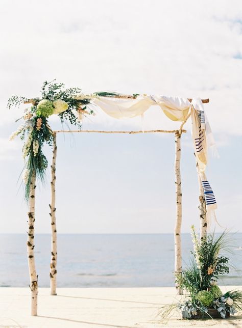 Chuppah With Flowers, Wedding Venues Michigan, Beach Wedding Veil, Birch Chuppah, Shelby Lynn, Lake Michigan Wedding, Beach Wedding Arch, Floral Arches, Wedding Dresses Videos