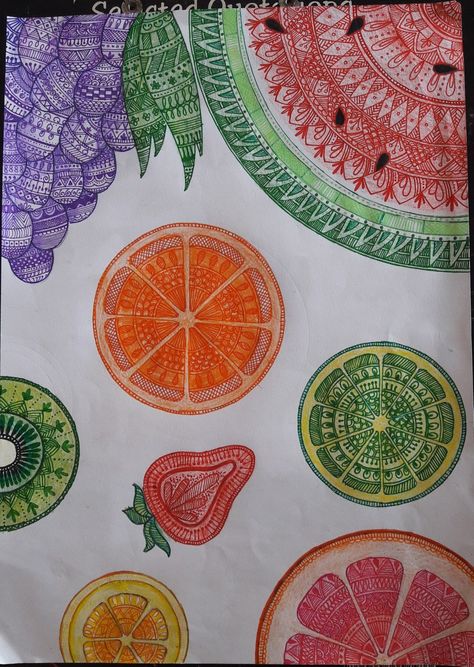 Fruit zentangle art Fruits Mandala Art, Fruit Mandala Art, Fruit Doodle Art, Fruit Art Projects, Zentangle Lines, Fruit Mural, Fruit Mandala, Kids Drawing Projects, Fruit Doodle