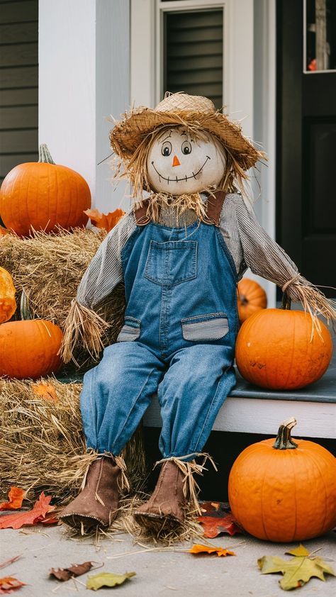 Discover 40 front porch fall decor ideas featuring pumpkins, mums, scarecrows, and straw bales. Create a cozy, rustic ambiance with these charming and creative decorations. Front Porch Fall Decor Ideas, Porch Fall Decor, Scarecrow Decorations, Fall Yard Decor, Scarecrows For Garden, Diy Scarecrow, Halloween Wood Crafts, Halloween Scarecrow, Fall Scarecrows