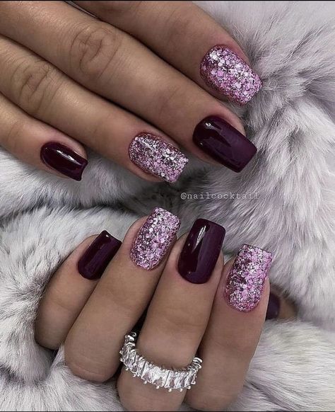 Cute Acrylic Nail Designs For Winter, Flashy New Years Nails, Funky Elegant Nails, Plum Purple Nails Designs, Black Purple Orange Nails, Dip Nail Designs New Years, Black And Pink Christmas Nails, Winter Glitter Nails Acrylic, February Gel Nail Colors