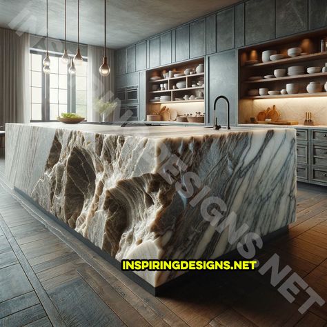 These Raw Stone Kitchen Islands Are The Ultimate Fusion of Function and Earthy Elegance – Inspiring Designs Stone Kitchen Island, Earthy Elegance, Stone Kitchen, Kitchen Islands, Raw Stone, Built In Storage, A Kitchen, Modern Farmhouse, Dinner Party