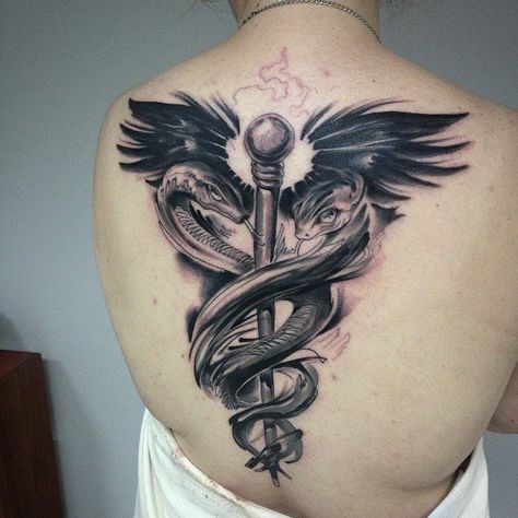 Staff Of Caduceus Tattoo, Hermes Staff Tattoo, Caduceus Tattoo, Calf Sleeve Tattoo, Big Tattoos, Ems Tattoos, Mens Tattoos, Army Medic, Piece Tattoo