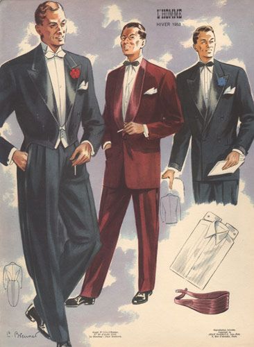 Note: Formal men's look in the 1950s. If it is an evening scene ____________________________________ Men's formal 1950's fashion! 50s Mens Fashion, 1950 Men, Mens Evening Wear, Vintage French Fashion, 1950s Mens Fashion, Fashion 50s, 1950s Mens, 1950 Fashion, Mens Fashion Illustration