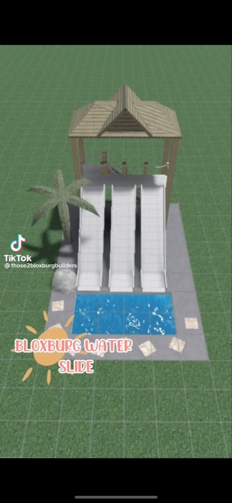 Preppy Summer Bloxburg House, Camp Layout Bloxburg, Bloxburg Water Slide Ideas, Waterpark Bloxburg Layout, Water Park Layout Bloxburg, Volleyball Bloxburg, Water Park Ideas Bloxburg, Bloxburg Beach Backyard, Bloxburg Love Island Layout