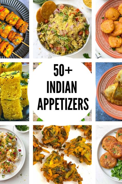 50+ easy vegetarian indian appetizers collage Indian Appetizers For Party, Dahi Papdi Chaat Recipe, Kala Chana Chaat Recipe, Vegetarian Starter Recipes, Street Food India, Easy Indian Appetizers, Chana Chaat Recipe, Bhel Recipe, Indian Appetizer Recipes