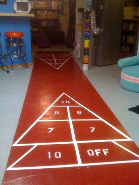 Paint your own shuffleboard court:  http://retrorenovation.com/2010/10/14/how-to-paint-your-own-shuffleboard/ Lake Accessories, Shuffleboard Court, Backyard Pub, Lodge Bar, Whiskey Barrel Sink, Murphy Bar, Concrete Basement Floors, Barn Bar, Barrel Sink