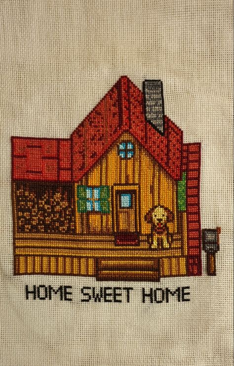 Stardew Valley House Cross Stitch wlth the dog Stardew Valley Blanket, Stardew Cross Stitch Pattern, Cottage Core Cross Stitch, Stardew Nails, Stardew Valley Painting, Stardew Valley Cross Stitch Pattern Free, Stardew Valley Crafts, Stardew Valley Cross Stitch Pattern, Stardew Valley Embroidery