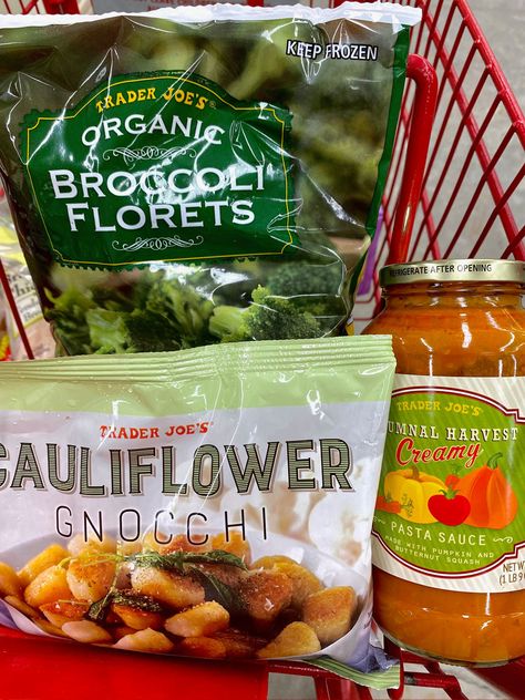 Cauliflower Gnocchi + Broccoli (fresh or frozen) + Autumnal Harvest Pasta Sauce Coleslaw For Pulled Pork, Cauliflower Gnocchi, Sweet Potato Gnocchi, Joe Recipe, Pumpkin Curry, Pumpkin Sauce, Trader Joes Recipes, Shredded Brussel Sprouts, Salad Kits