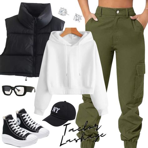 Black Cargo White Stitch Outfit, Black Hoodie And Cargo Pants, Black Cargo Pants Gilet Black, Black Cargos White Top, Platform Outfits, Sporty Black Full-length Cargo Pants, Black Puffer Vest, Black Cargo, Black Vest