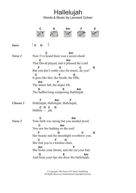 Hallelujah Sheet Music | Leonard Cohen | Guitar Chords/Lyrics | Guitar chords and lyrics, Ukulele chords songs, Ukelele chords ukulele songs Hallelujah Guitar Chords, Hallelujah Sheet Music, Akordy Na Ukulele, Leonard Cohen Hallelujah, Ukelele Chords Ukulele Songs, Ukulele Songs Beginner, Easy Ukulele Songs, Acoustic Guitar Chords, Akordy Gitarowe