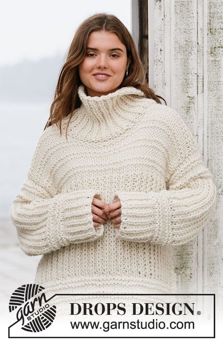 Holmenkollen / DROPS 205-48 - Free knitting patterns by DROPS Design Chunky Sweater Pattern, Easy Sweater Knitting Patterns, Super Chunky Wool, Hooded Sweater Coat, Bulky Sweaters, Crochet Hoodie, Chunky Knitting Patterns, Womens Crochet Patterns, Aran Sweater