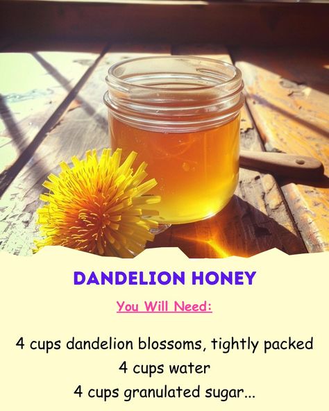 The Savory Secrets - Embrace the sweetness of nature with Dandelion Honey!  Ingredients:  - 4 cups dandelion blossoms, tightly packed - 4 cups water - 4 cups granulated sugar - 1 lemon, thinly sliced (optional)  Instructions:  1. Begin by harvesting dandelion blossoms from an area free of pesticides and chemicals. Pick the blossoms on a sunny day when they are fully open.  2. Rinse the dandelion blossoms under cold water to remove any dirt or insects. Gently pat them dry with a clean kitchen towel.  3. In a large saucepan, combine the dandelion blossoms and water. Bring the mixture to a gentle simmer over medium heat and let it cook for 20-30 minutes.  4. After simmering, remove the saucepan from the heat and let the dandelion infusion cool to room temperature. Allow the blossoms to steep Harvesting Dandelion, Dandelion Honey, The Dandelion, 2024 Ideas, Lemon Slice, Jams & Jellies, Natural Sugar, Granulated Sugar, Clean Kitchen