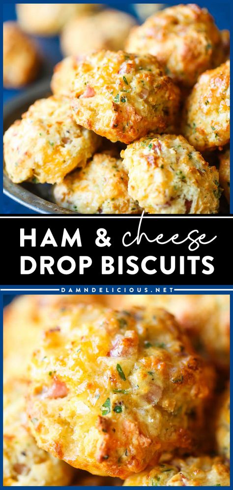 Quick and easy homemade biscuits! This simple appetizer recipe is also great on a breakfast platter. So buttery and flaky, these Ham and Cheese Drop Biscuits are just perfect! Save this bread idea! Bisquick Meals, Cheese Drop Biscuits, Homemade Drop Biscuits, Easy Homemade Biscuits, Simple Appetizer, Ham Breakfast, Breakfast Platter, Drop Biscuits, Salad Recipes For Dinner