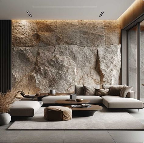 Stone Wallpaper Living Room, Stone Texture Wall Interiors, Rock Interior, Warm Living Room Colors, Stone Texture Wall, Interior Design Portfolio Layout, Stone Accent Walls, Living Room Warm, Glam Living Room