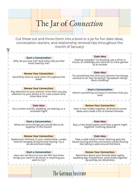 The Gottman Institute - January 2023 - Jar of Connection | PDF The Gottman Institute, Gottman Method Worksheets, Gottman Worksheets Free Printable, Gottman Worksheets, Gottman Repair Checklist, Gottman Marriage, Couples Counseling Worksheets, Ideas For Dates, Marriage Counseling Worksheets